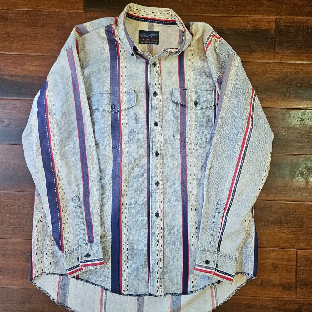 VTG Wrangler Brushpopper Shirt Mens XL 17.5X35 Blue Striped 90s USA Rodeo